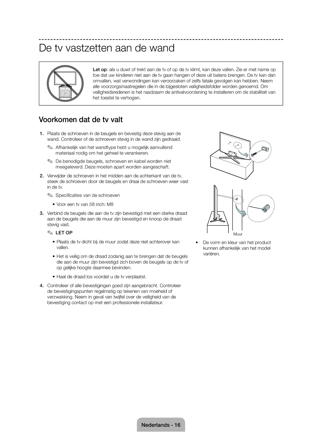 Samsung UE58J5000AWXZF manual De tv vastzetten aan de wand, Vallen, Muur, Kunnen afhankelijk van het model 