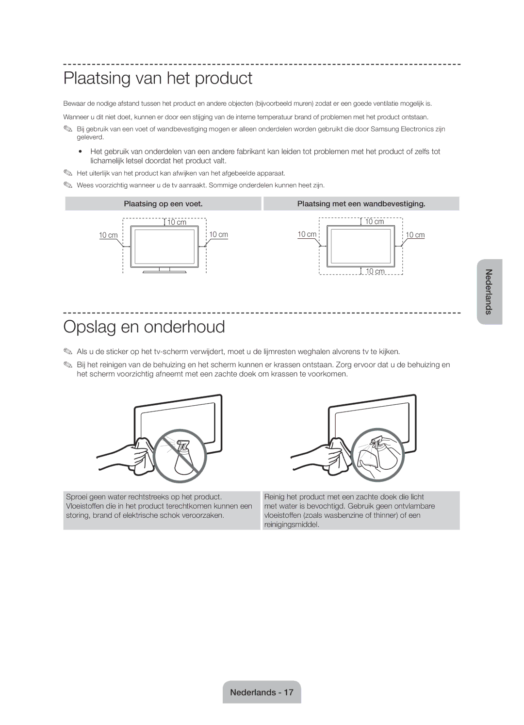 Samsung UE58J5000AWXZF manual Plaatsing van het product, Opslag en onderhoud 