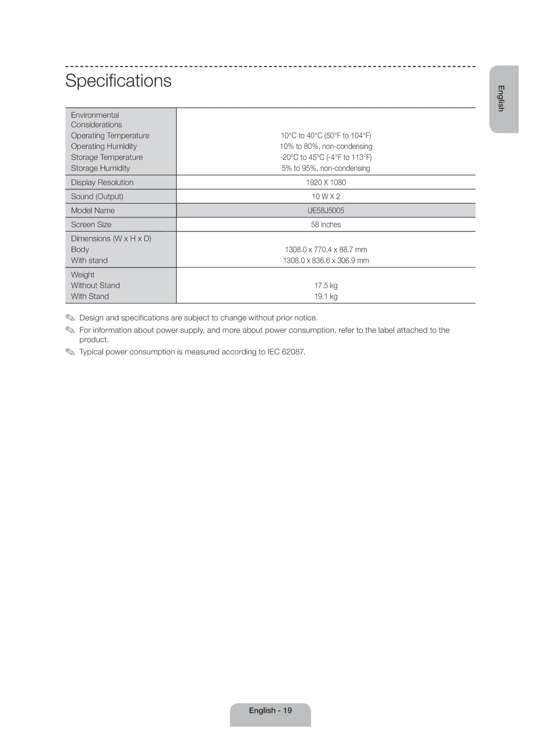 Samsung UE58J5005AKXXE manual Specifications 