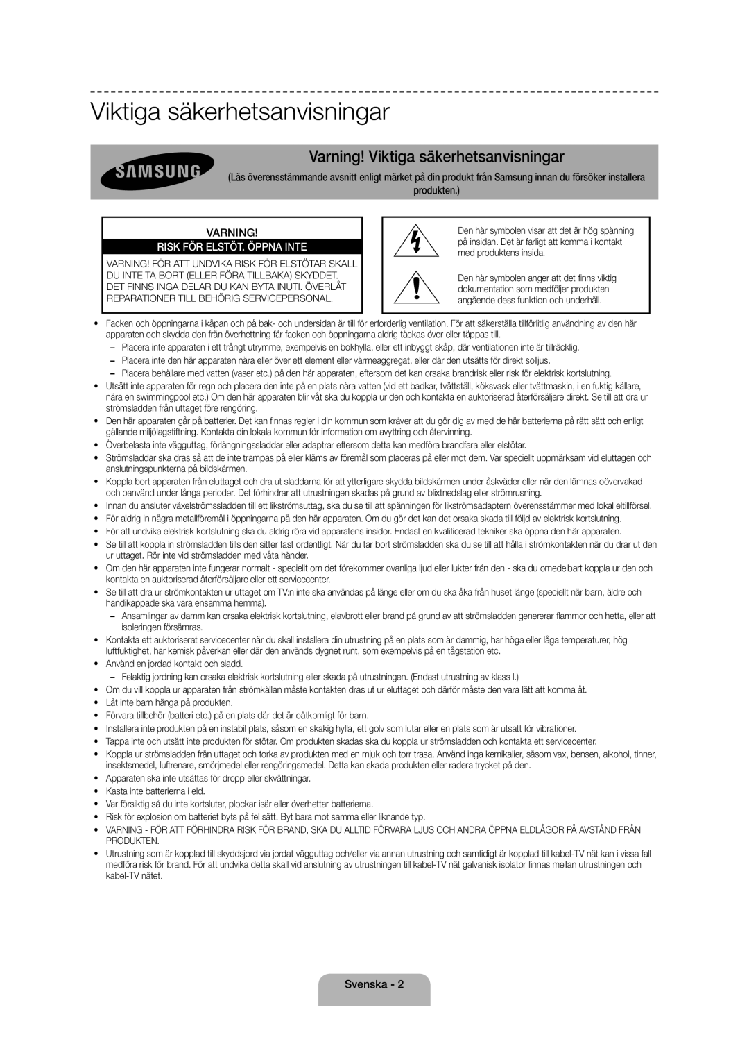 Samsung UE58J5005AKXXE manual Viktiga säkerhetsanvisningar, Svenska 