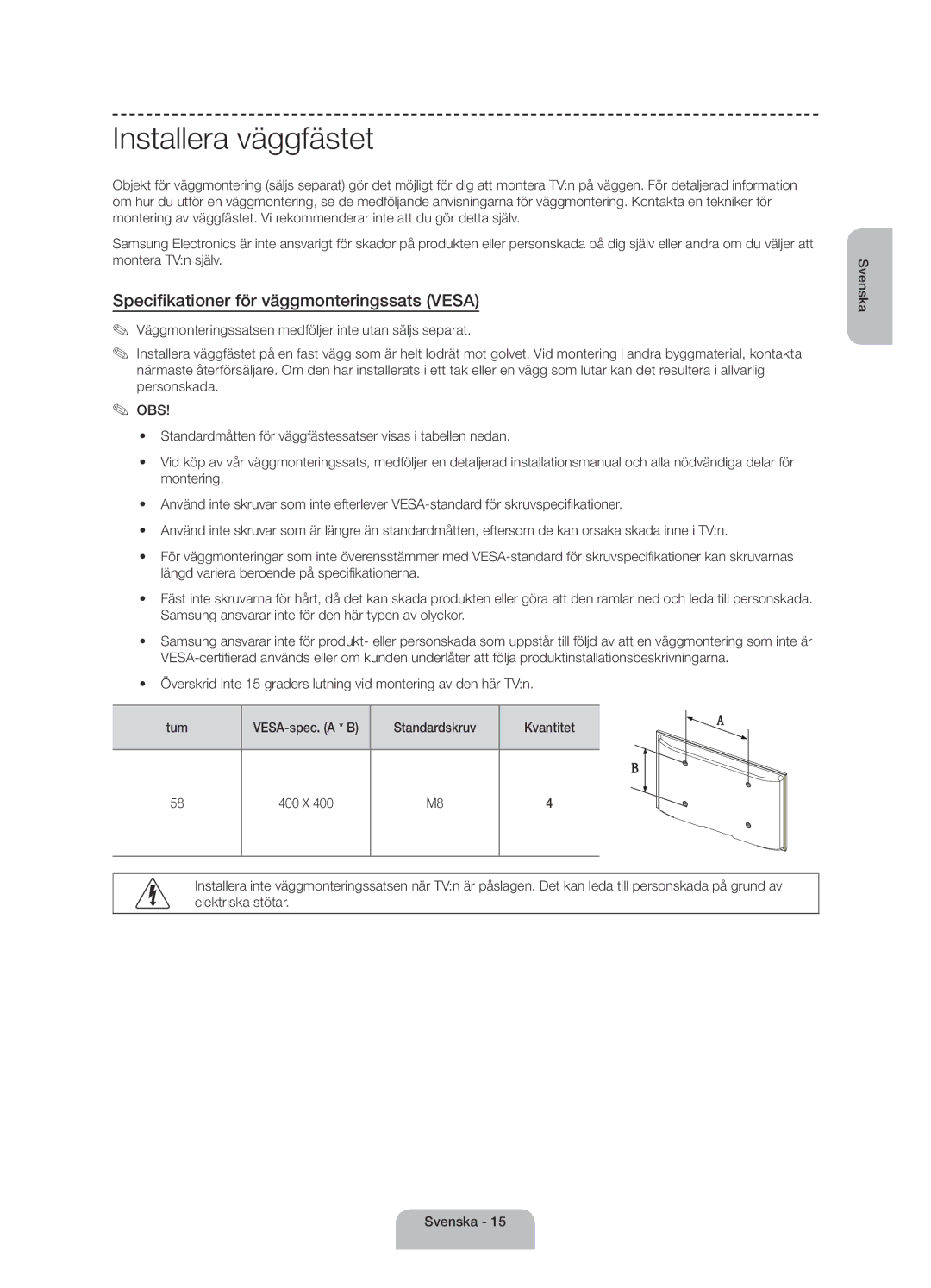 Samsung UE58J5005AKXXE manual Installera väggfästet, Standardskruv Kvantitet 