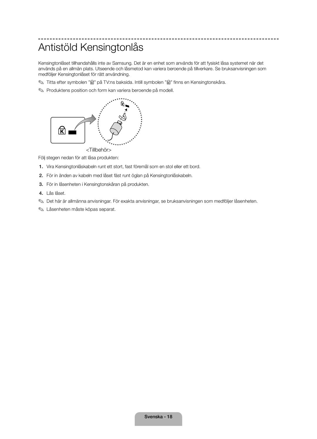 Samsung UE58J5005AKXXE manual Antistöld Kensingtonlås, Tillbehör 