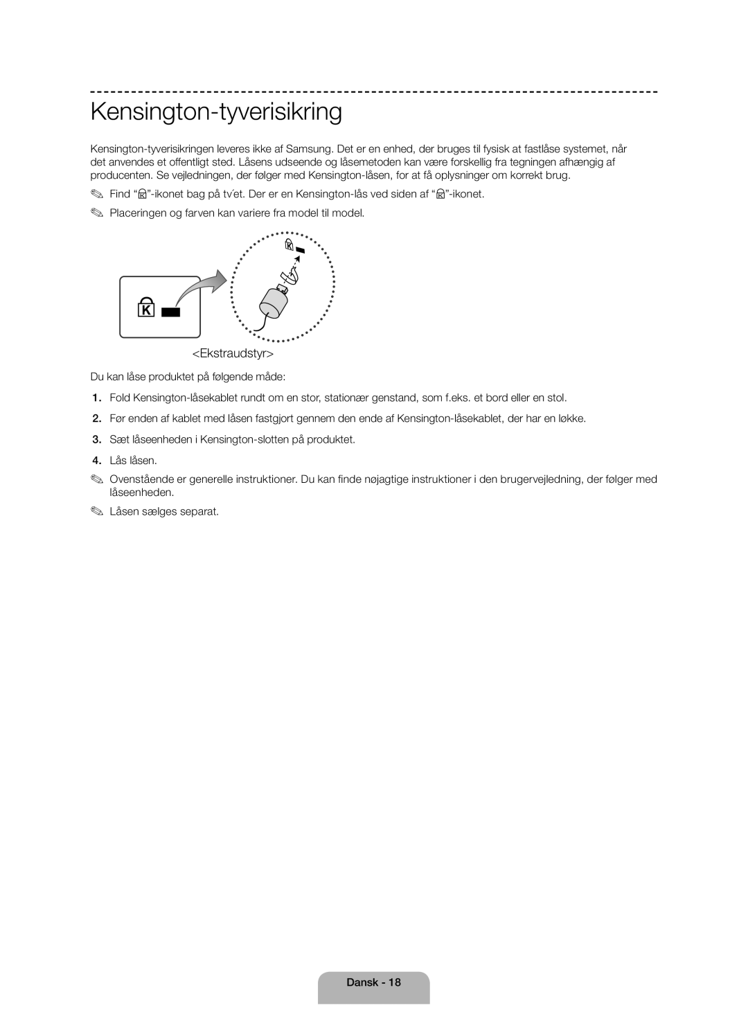 Samsung UE58J5005AKXXE manual Kensington-tyverisikring, Ekstraudstyr 