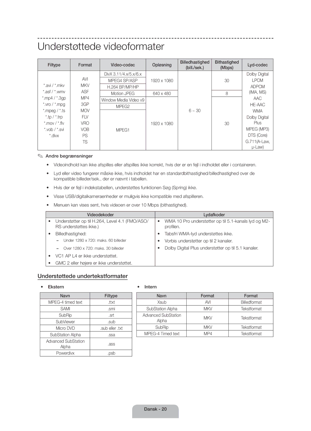 Samsung UE58J5005AKXXE manual Understøttede videoformater, Understøttede undertekstformater 