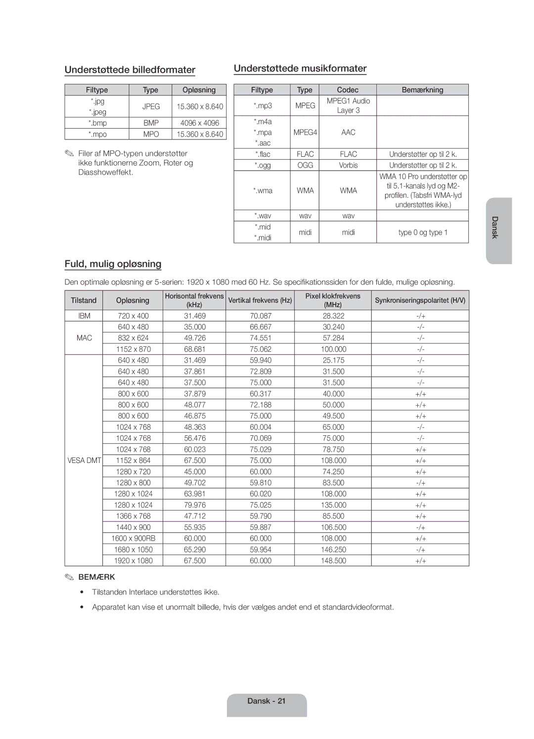 Samsung UE58J5005AKXXE manual Understøttede billedformater, Understøttede musikformater, Fuld, mulig opløsning 