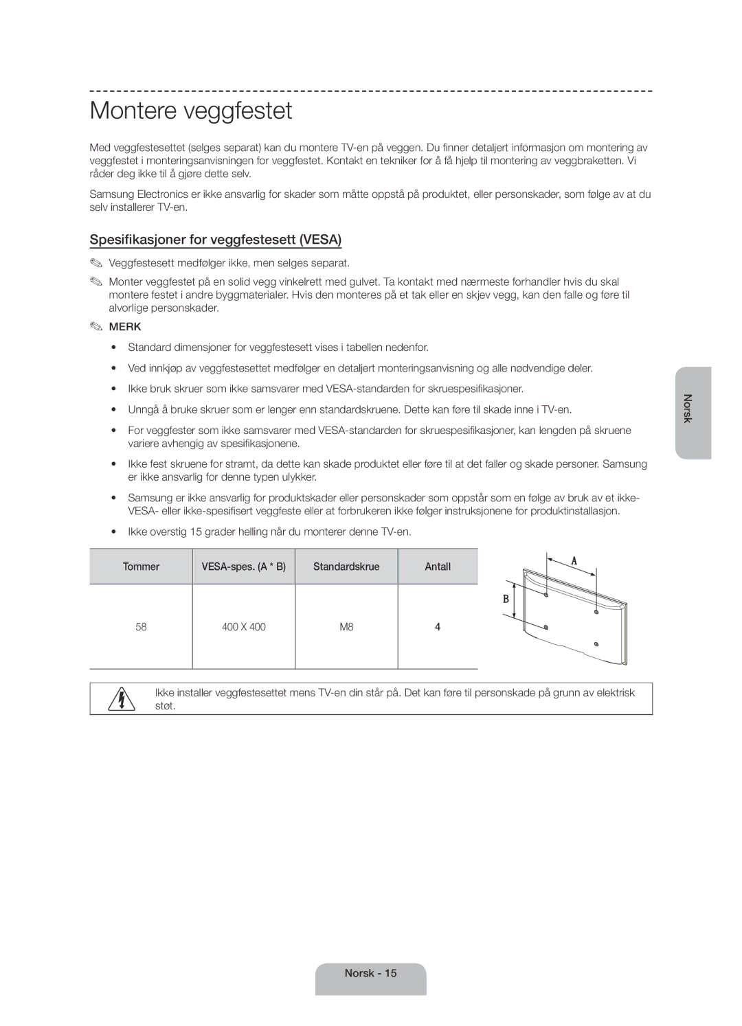 Samsung UE58J5005AKXXE manual Montere veggfestet, Spesifikasjoner for veggfestesett Vesa, Standardskrue Antall 