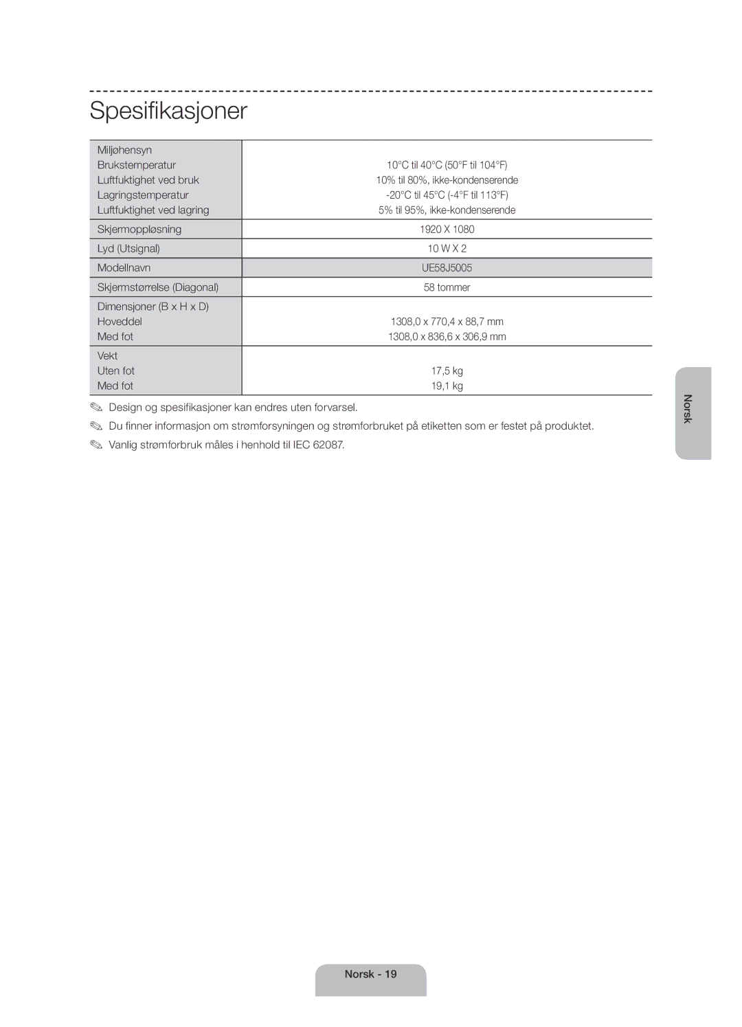 Samsung UE58J5005AKXXE manual Spesifikasjoner 