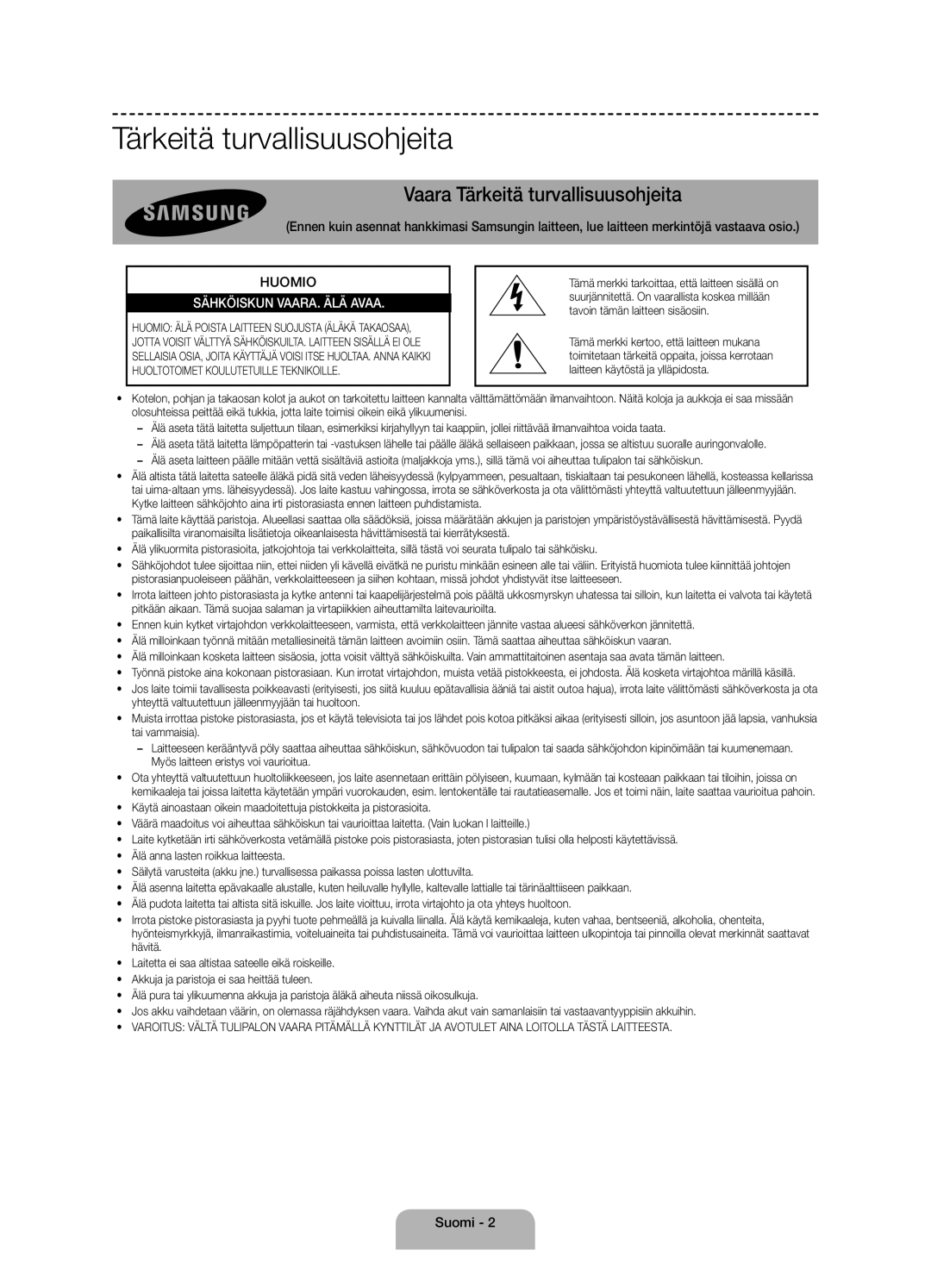 Samsung UE58J5005AKXXE manual Tärkeitä turvallisuusohjeita, Suomi 