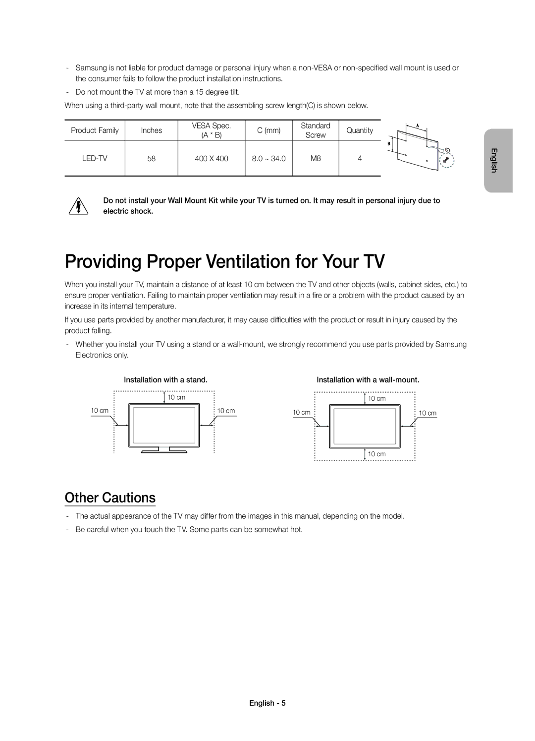 Samsung UE58J5200AKXRU manual Providing Proper Ventilation for Your TV, Other Cautions 