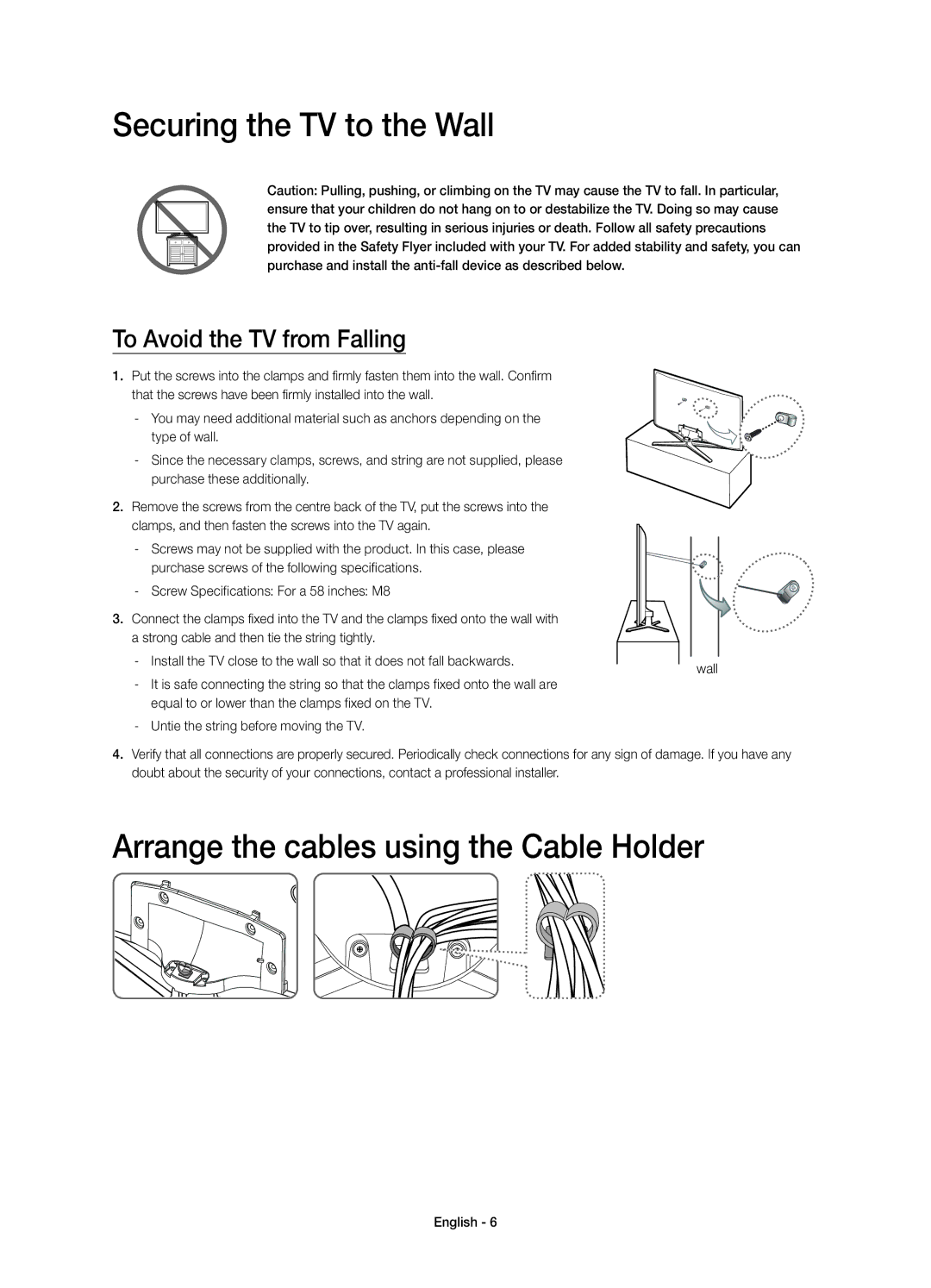 Samsung UE58J5200AKXRU manual Securing the TV to the Wall, Arrange the cables using the Cable Holder 