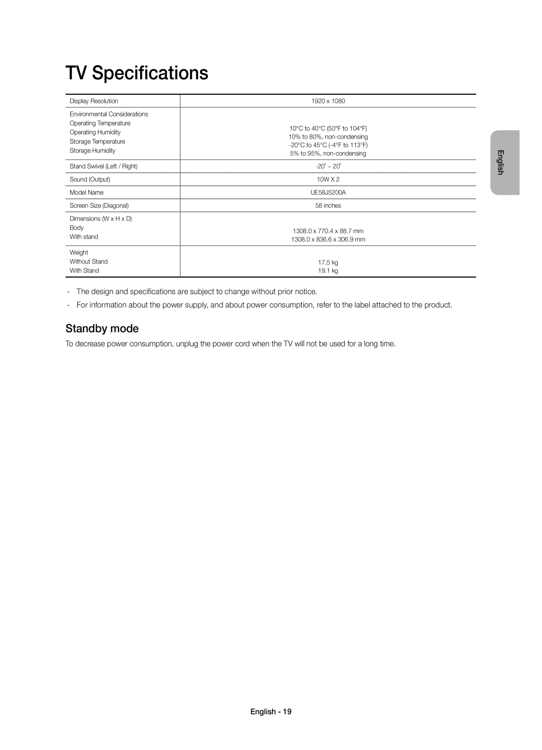 Samsung UE58J5200AKXRU manual TV Specifications, Standby mode 