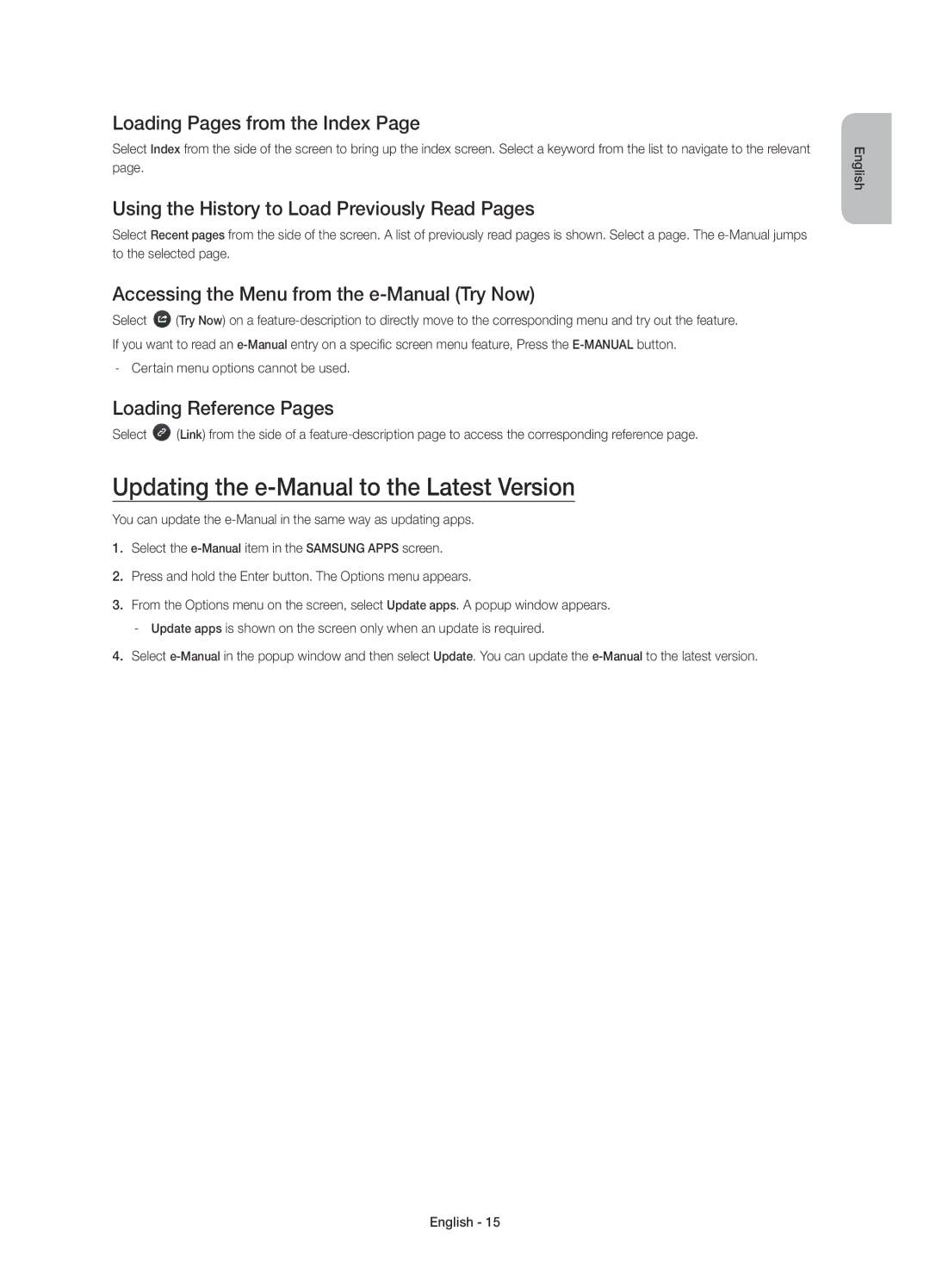 Samsung UE58J5200AWXXN Updating the e-Manual to the Latest Version, Loading Pages from the Index, Loading Reference Pages 