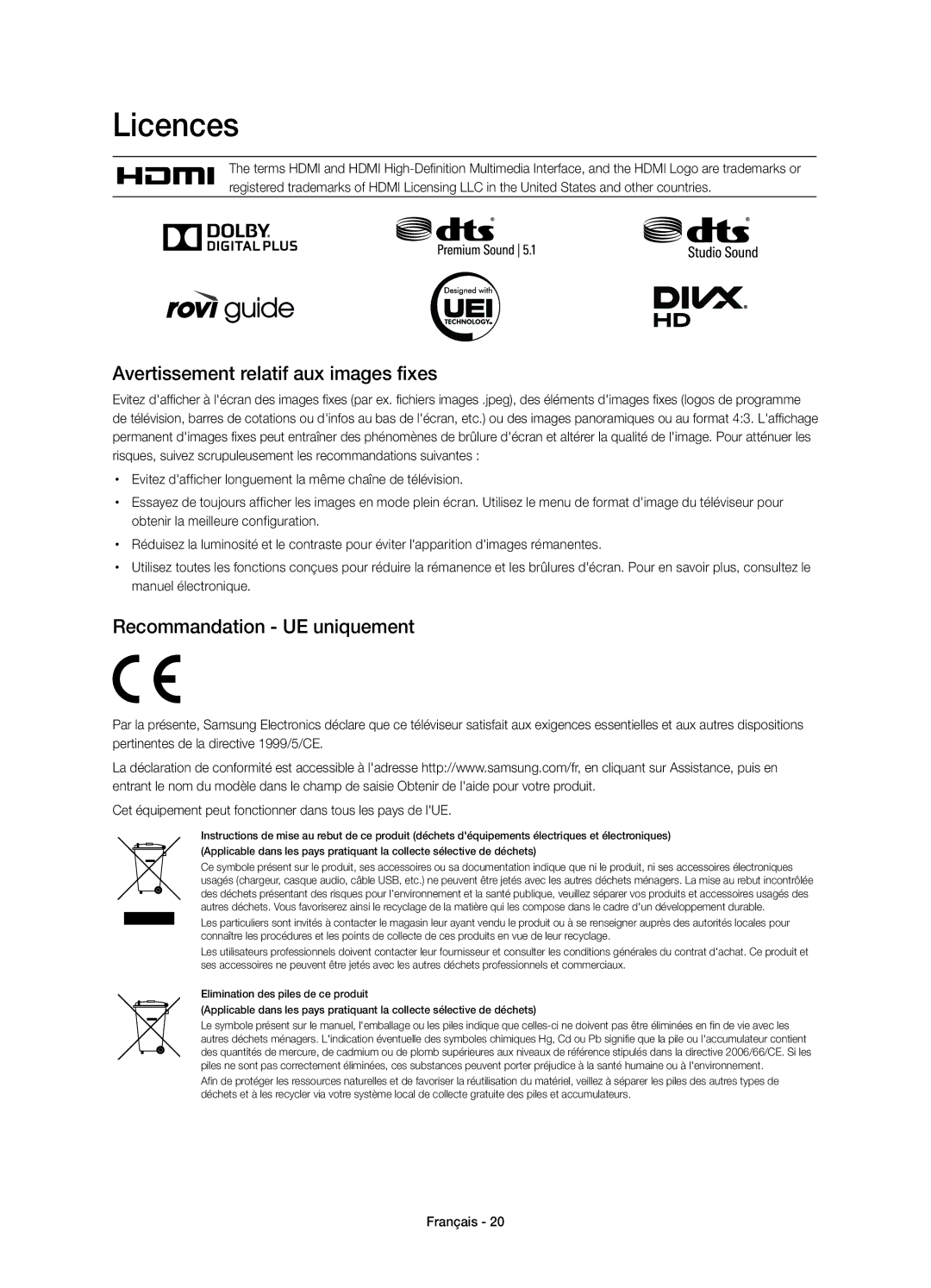 Samsung UE58J5200AWXXH, UE58J5200AWXZF, UE58J5200AWXXC Avertissement relatif aux images fixes, Recommandation UE uniquement 