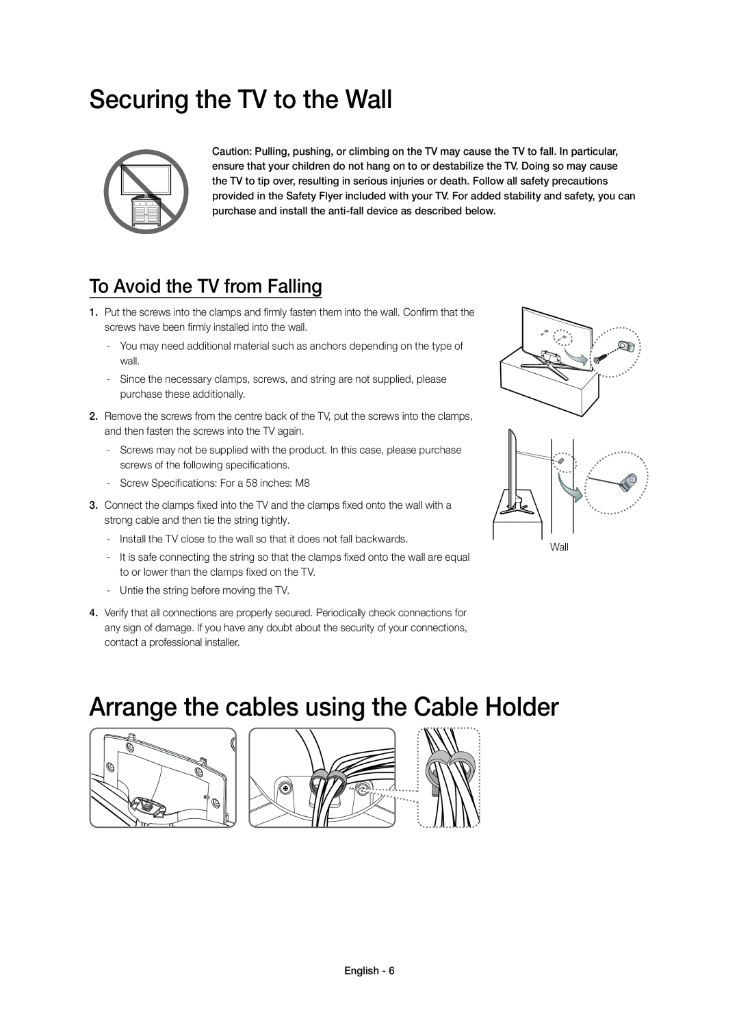 Samsung UE58J5200AWXXC, UE58J5200AWXXH manual Securing the TV to the Wall, Arrange the cables using the Cable Holder 