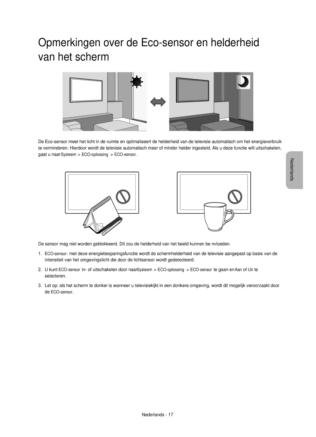 Samsung UE58J5200AWXZF, UE58J5200AWXXH, UE58J5200AWXXC manual Opmerkingen over de Eco-sensor en helderheid van het scherm 