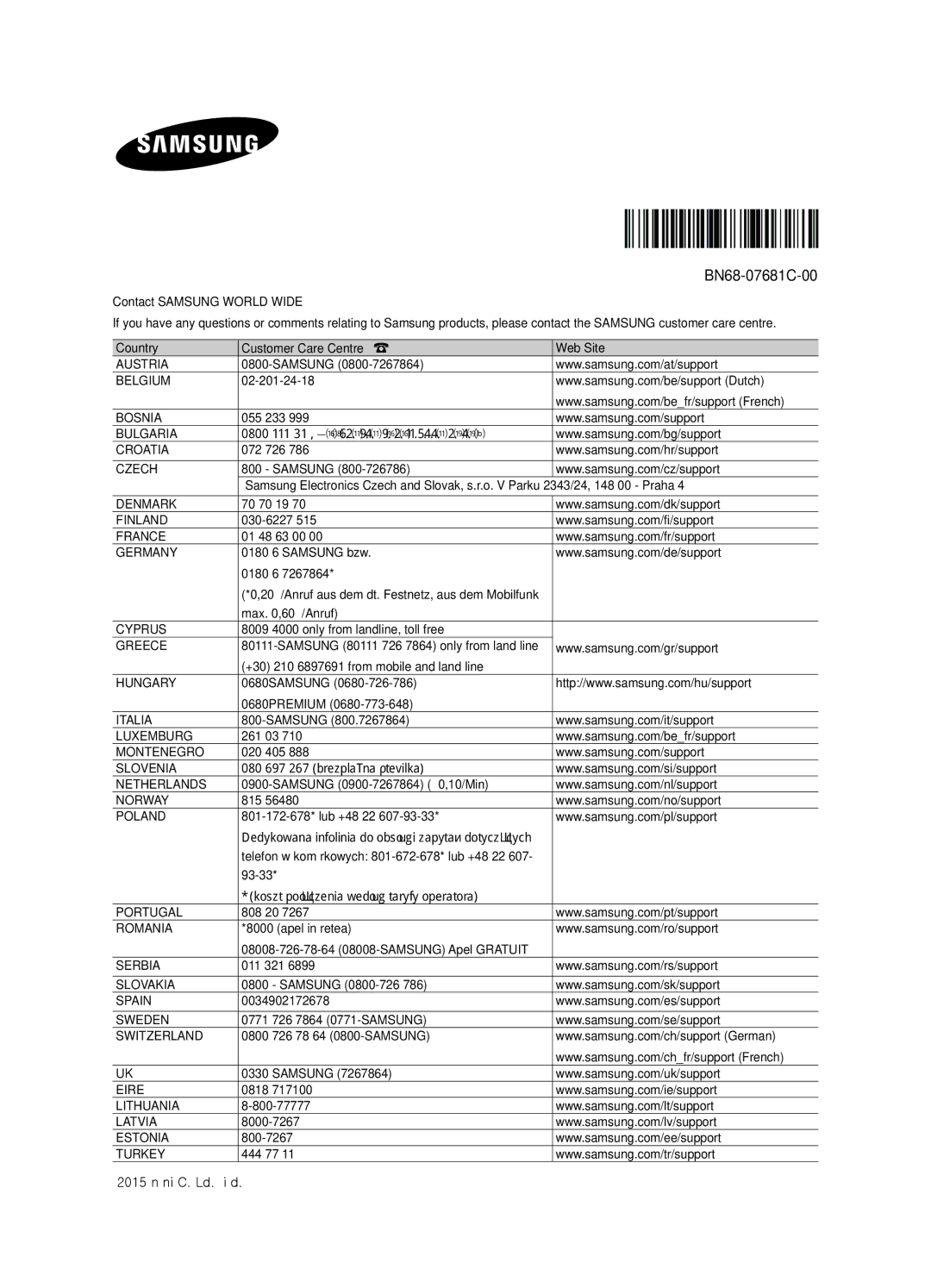 Samsung UE58J5200AWXXH, UE58J5200AWXZF, UE58J5200AWXXC, UE58J5200AWXXN manual BN68-07681C-00 