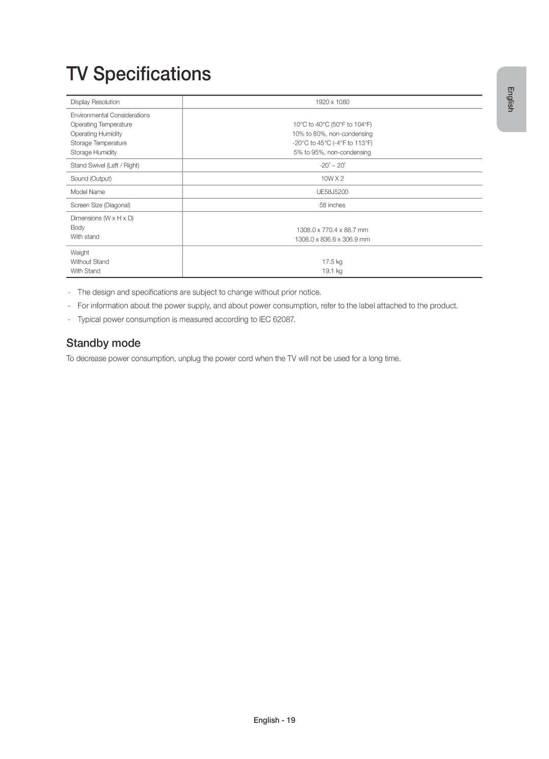 Samsung UE58J5200AWXXN, UE58J5200AWXXH, UE58J5200AWXZF, UE58J5200AWXXC manual TV Specifications, Standby mode 