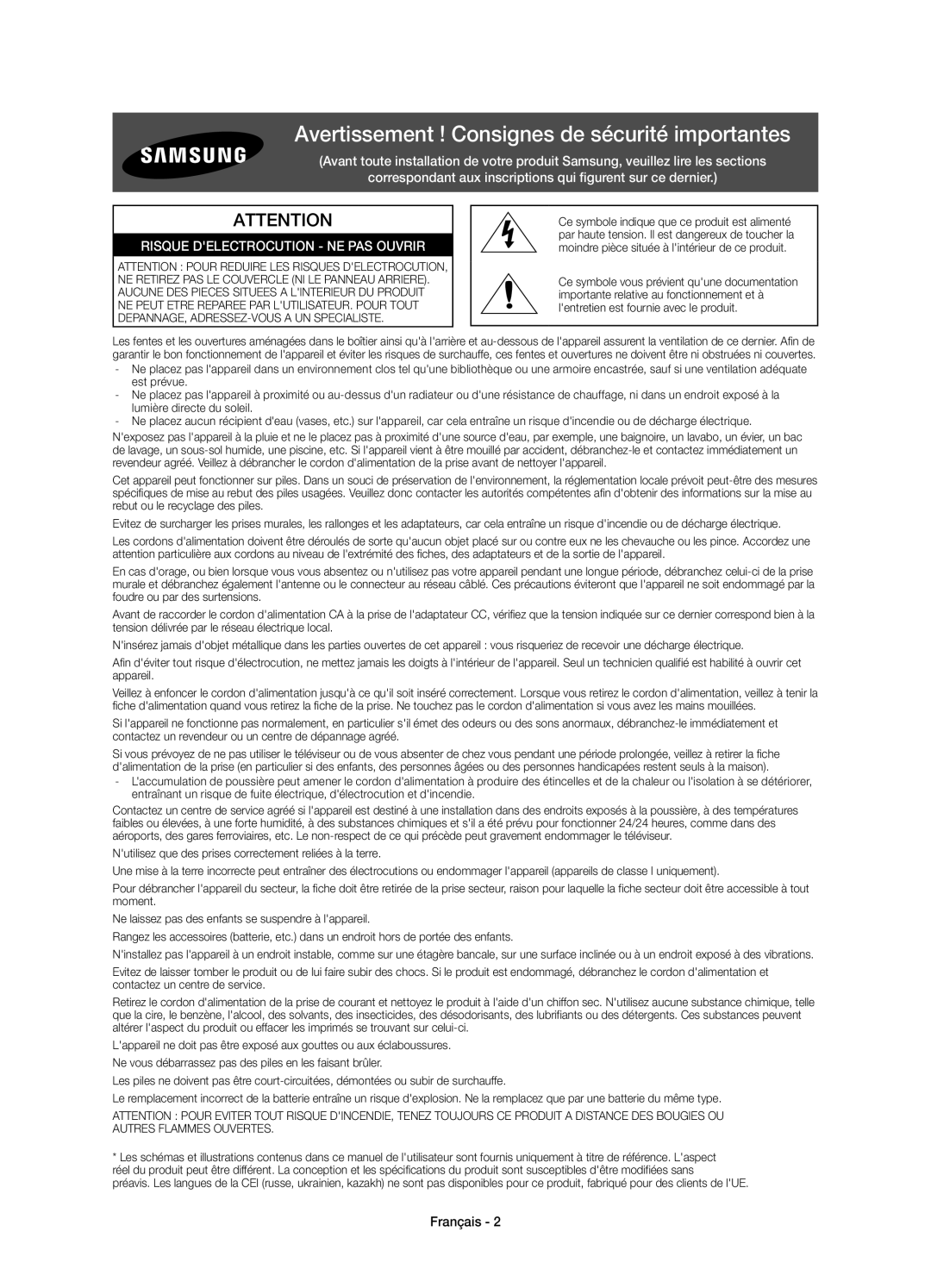 Samsung UE58J5200AWXXC, UE58J5200AWXXH, UE58J5200AWXZF, UE58J5200AWXXN Avertissement ! Consignes de sécurité importantes 