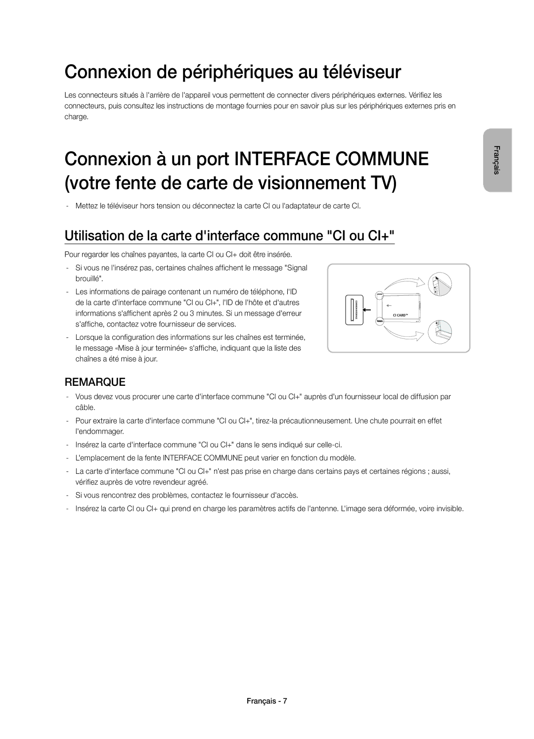 Samsung UE58J5200AWXXN Connexion de périphériques au téléviseur, Utilisation de la carte dinterface commune CI ou CI+ 