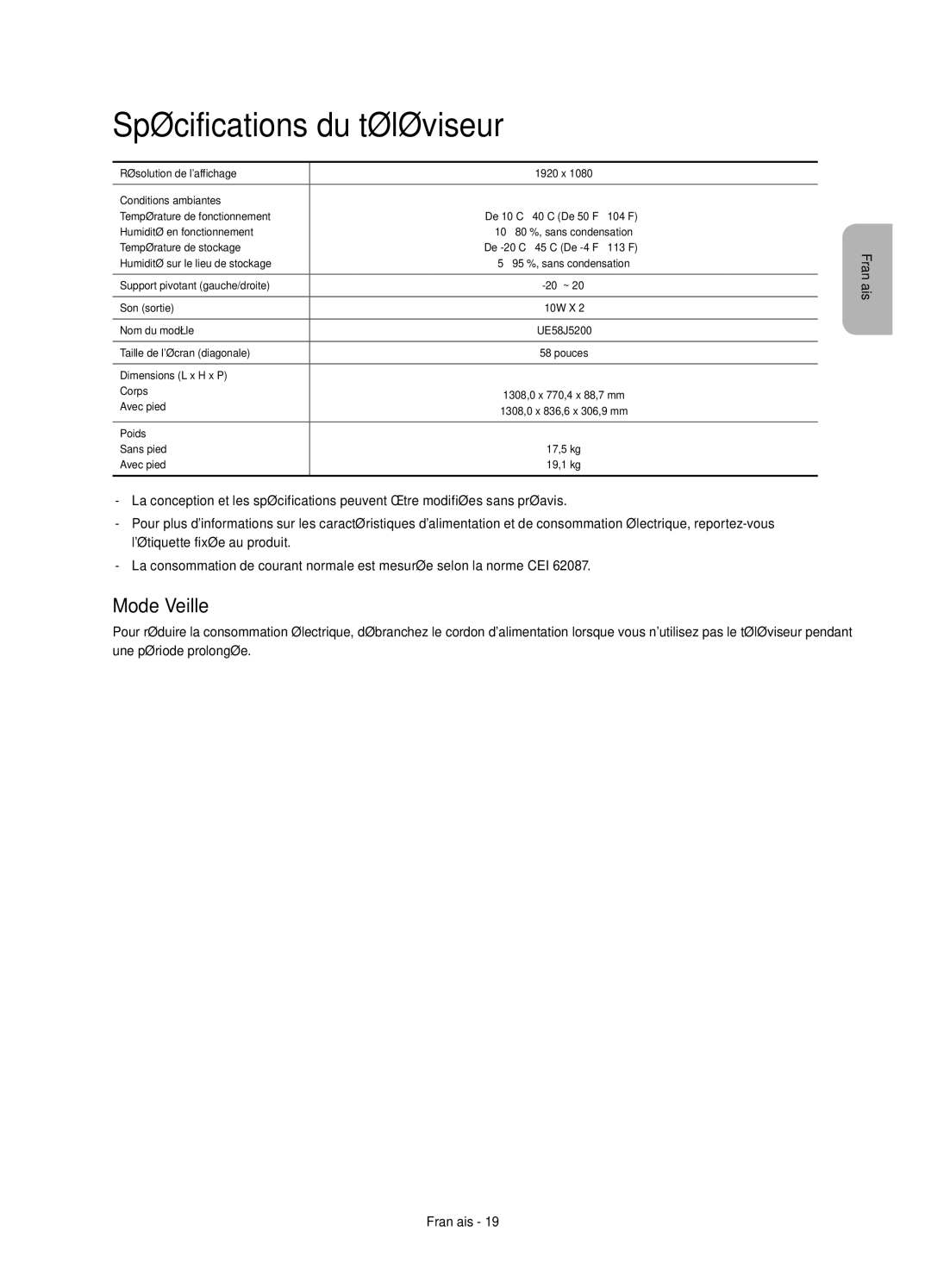 Samsung UE58J5200AWXXN, UE58J5200AWXXH, UE58J5200AWXZF, UE58J5200AWXXC manual Spécifications du téléviseur, Mode Veille 