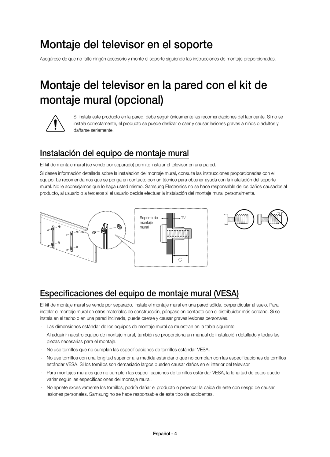 Samsung UE58J5200AWXXH, UE58J5200AWXZF manual Montaje del televisor en el soporte, Instalación del equipo de montaje mural 