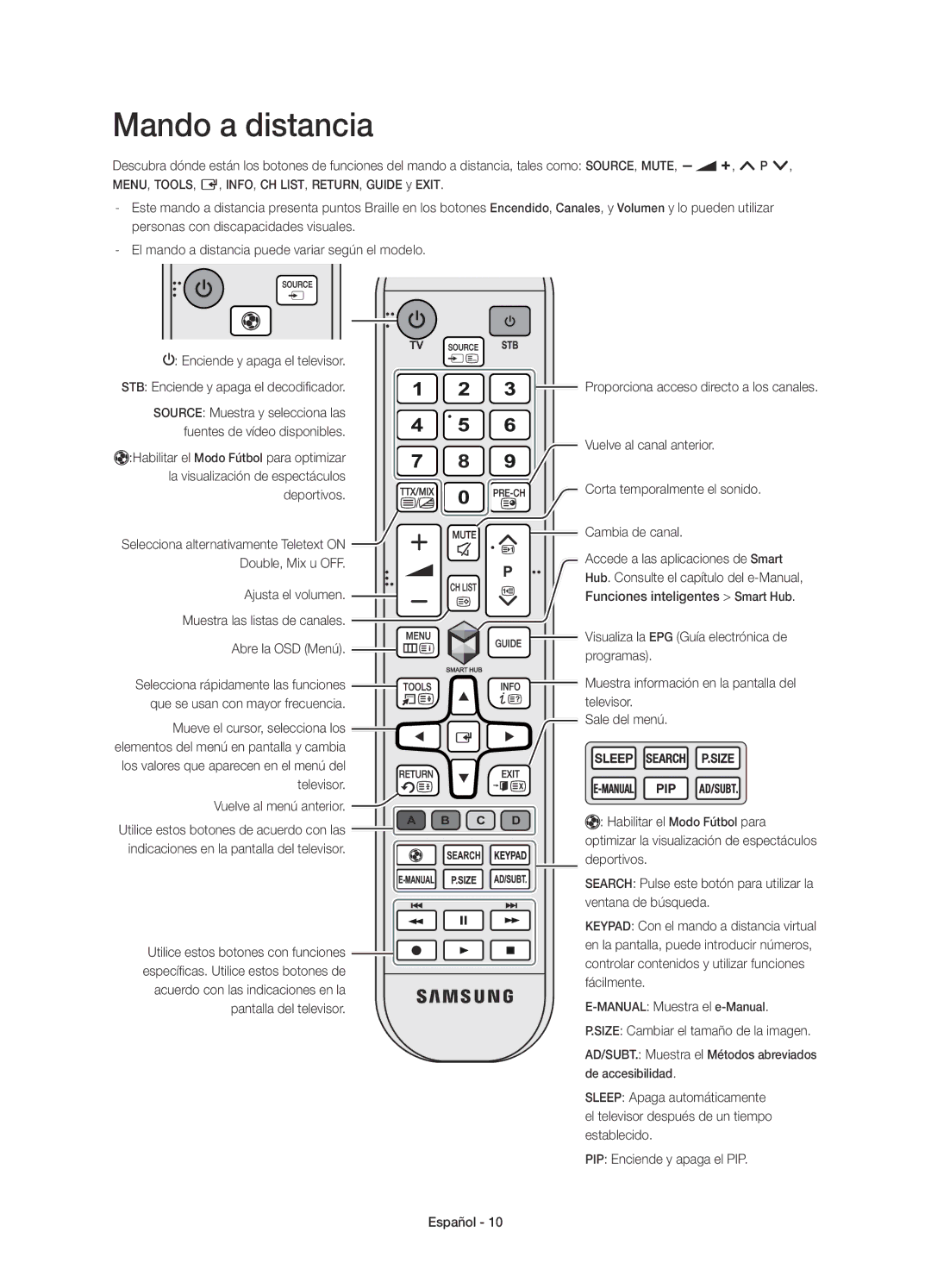 Samsung UE58J5200AWXXC, UE58J5200AWXXH, UE58J5200AWXZF manual Mando a distancia, Size Cambiar el tamaño de la imagen 