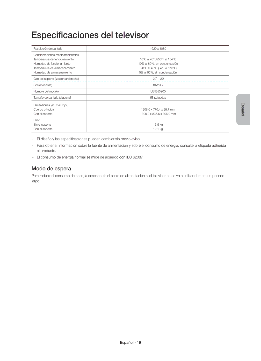 Samsung UE58J5200AWXXN, UE58J5200AWXXH, UE58J5200AWXZF, UE58J5200AWXXC manual Especificaciones del televisor, Modo de espera 