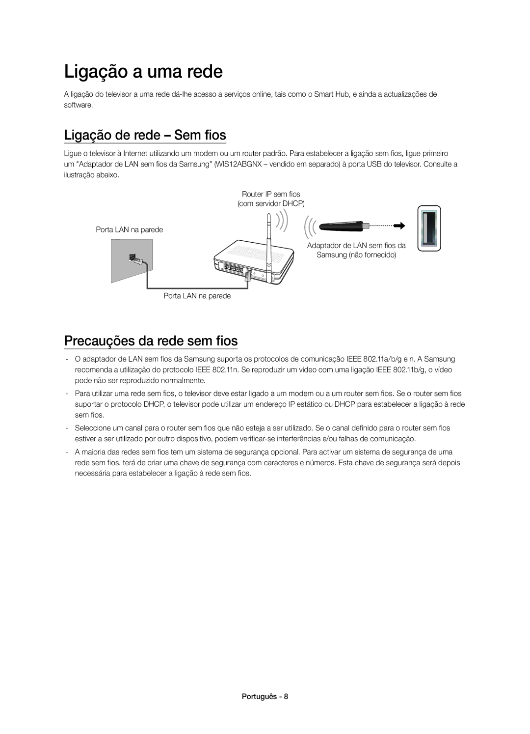 Samsung UE58J5200AWXXH, UE58J5200AWXZF manual Ligação a uma rede, Ligação de rede Sem fios, Precauções da rede sem fios 