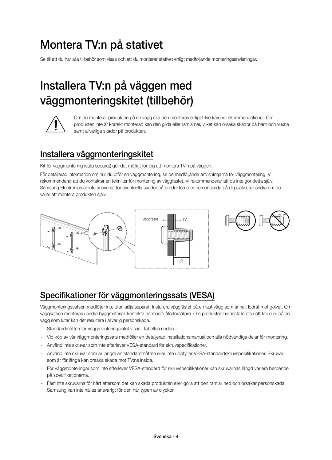 Samsung UE58J5205AKXXE manual Montera TVn på stativet, Installera väggmonteringskitet 