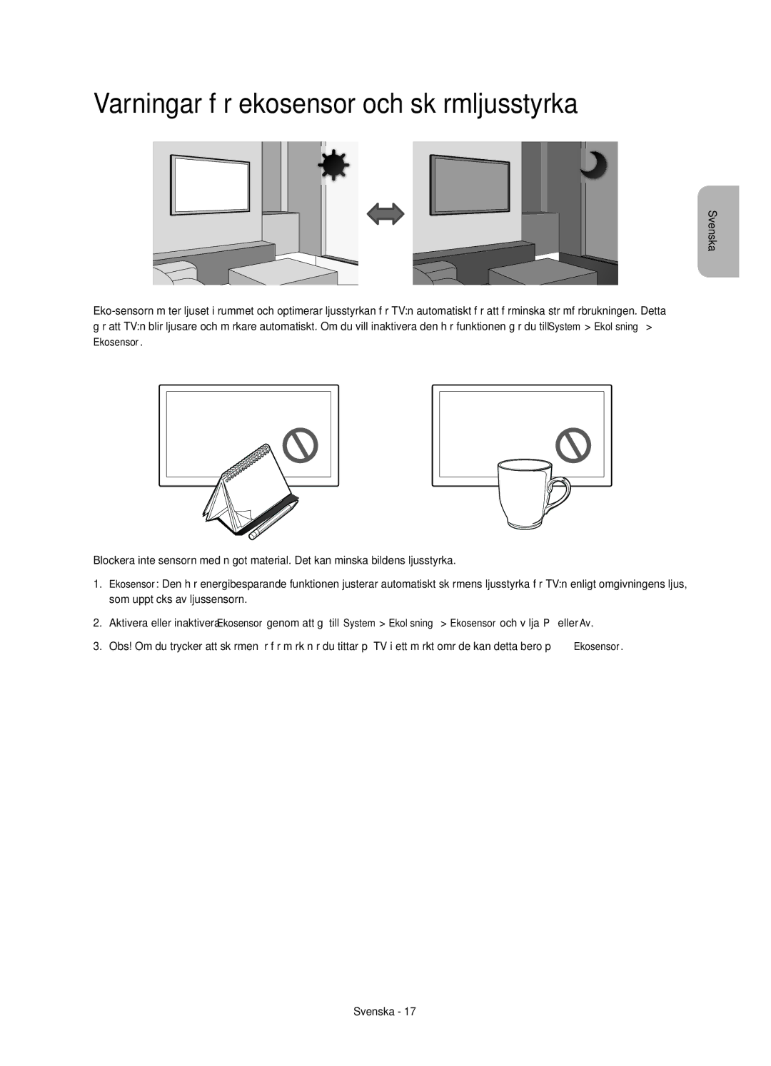 Samsung UE58J5205AKXXE manual Varningar för ekosensor och skärmljusstyrka 