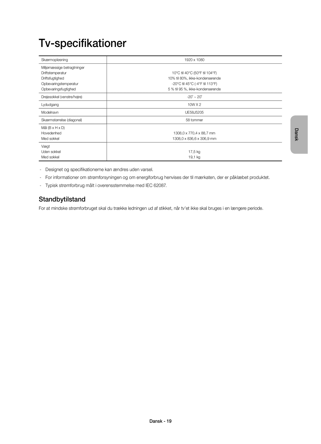 Samsung UE58J5205AKXXE manual Tv-specifikationer, Standbytilstand 