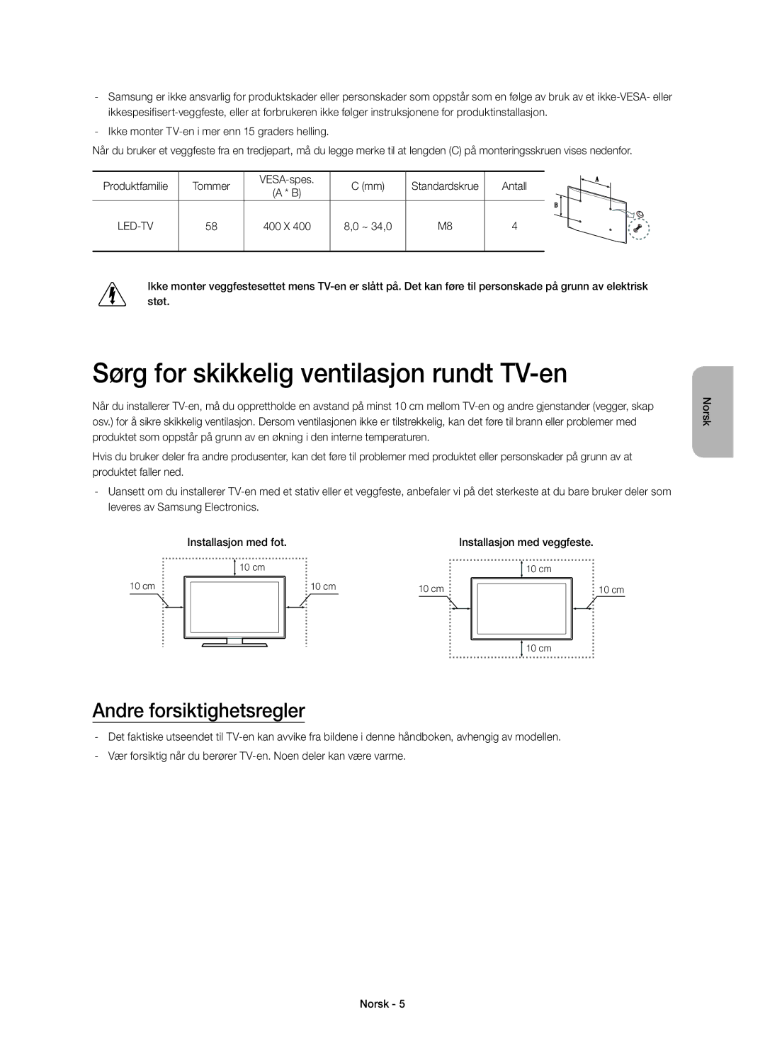 Samsung UE58J5205AKXXE manual Sørg for skikkelig ventilasjon rundt TV-en, Andre forsiktighetsregler, Antall 