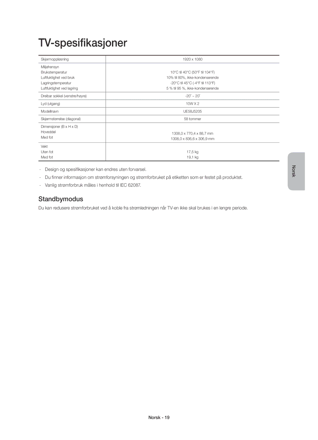 Samsung UE58J5205AKXXE manual TV-spesifikasjoner, Standbymodus 