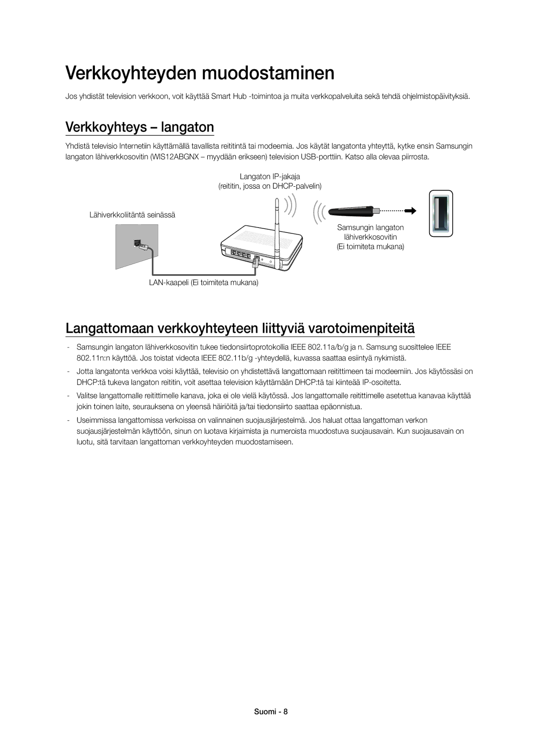 Samsung UE58J5205AKXXE manual Verkkoyhteyden muodostaminen, Verkkoyhteys langaton, LAN-kaapeli Ei toimiteta mukana 