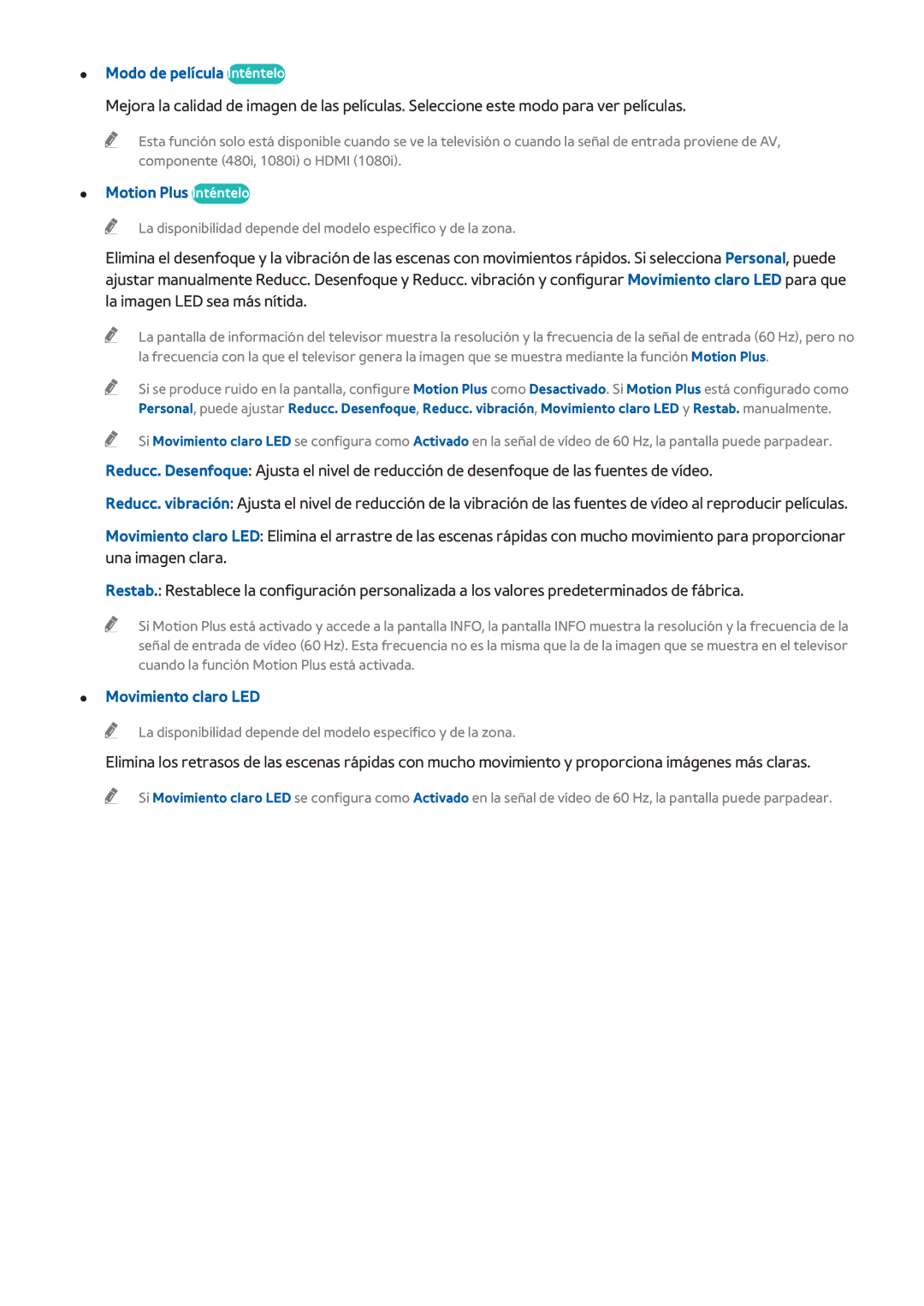 Samsung UE50H5303AWXXC, UE58J5270SSXZG manual Modo de película Inténtelo, Motion Plus Inténtelo, Movimiento claro LED 