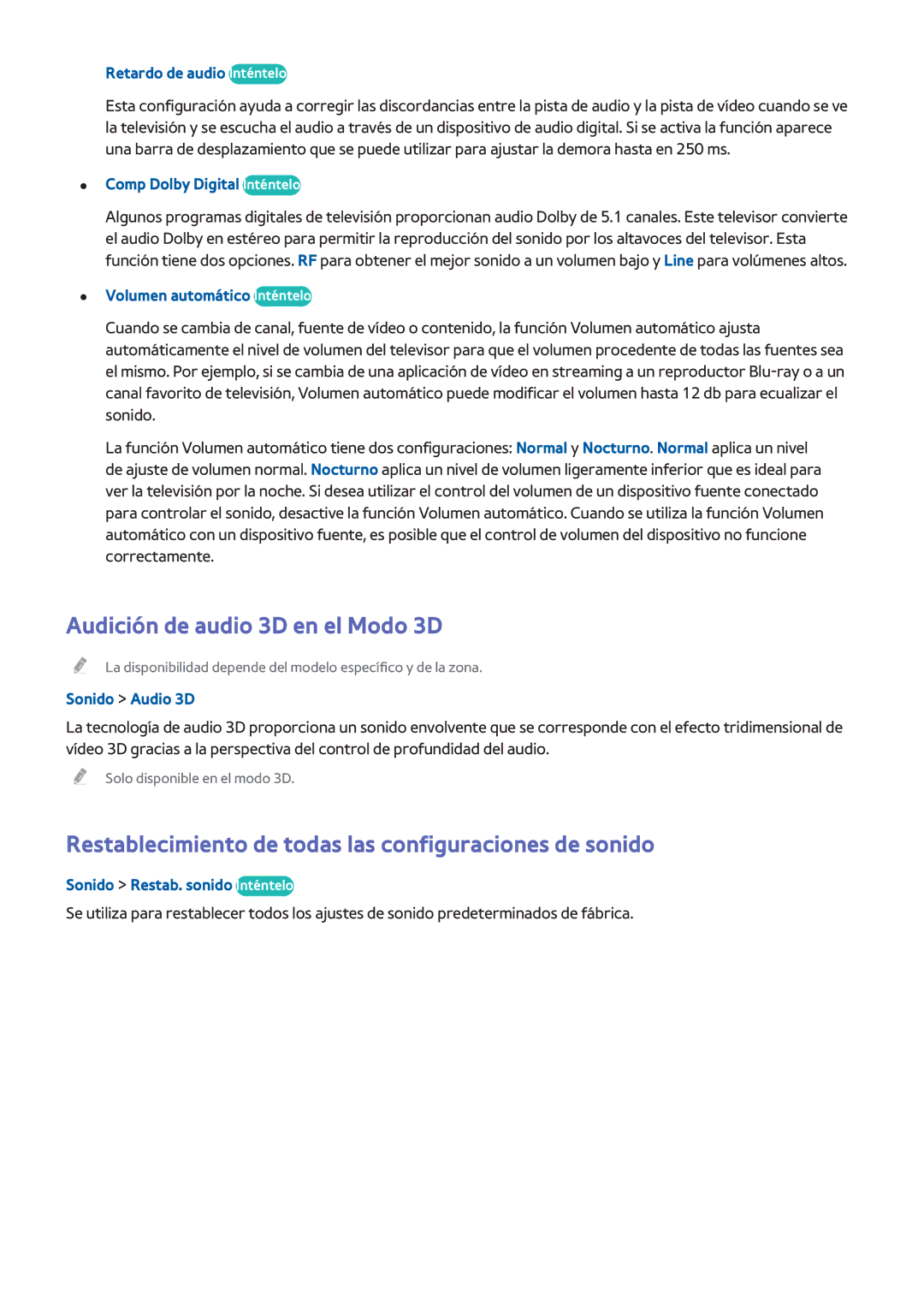 Samsung UA46H5303AKXKE manual Audición de audio 3D en el Modo 3D, Restablecimiento de todas las configuraciones de sonido 