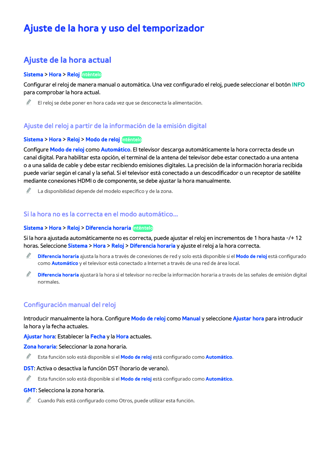 Samsung UE40H4203AWXXH Ajuste de la hora y uso del temporizador, Ajuste de la hora actual, Configuración manual del reloj 