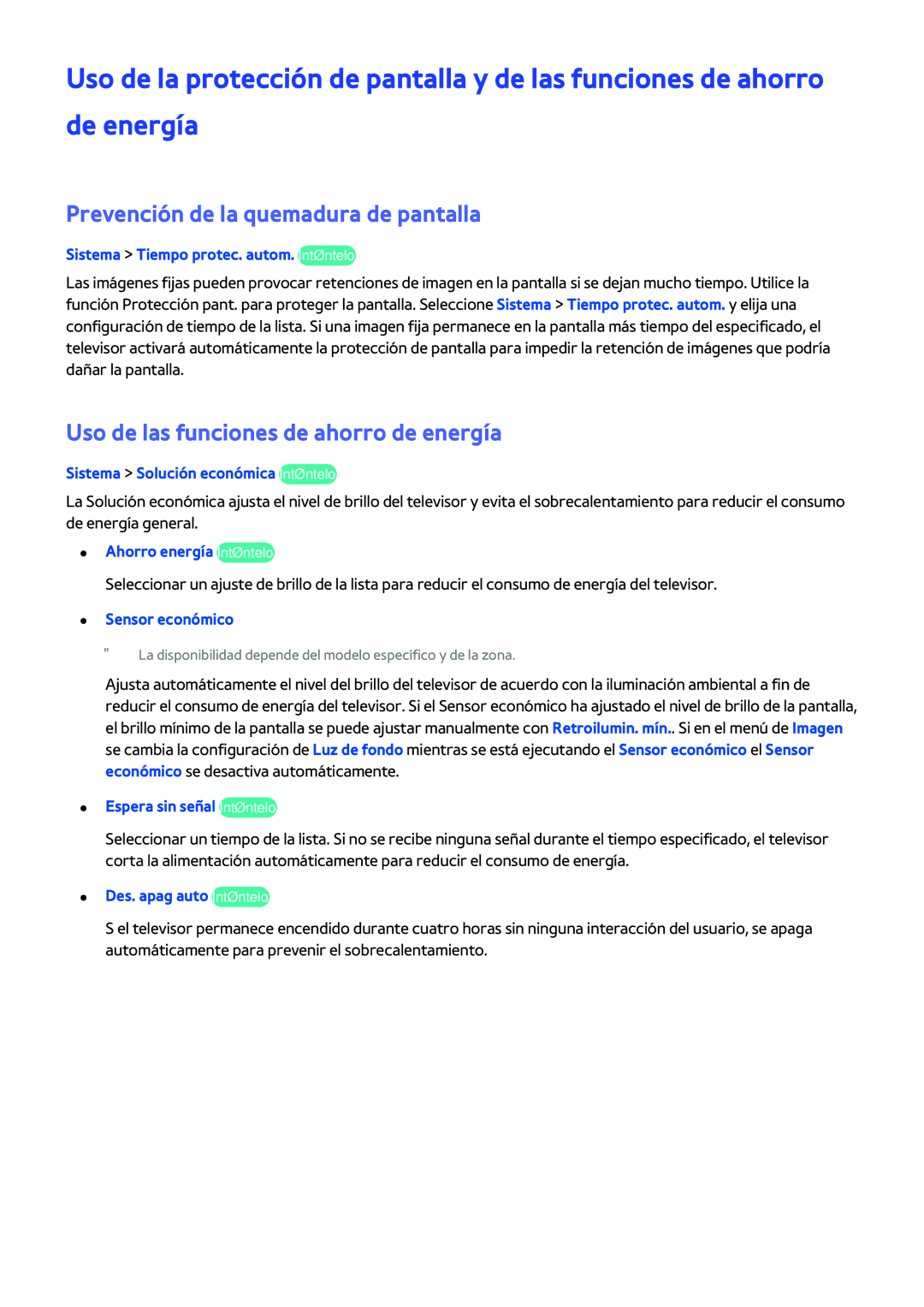 Samsung UE60H6203AWXXC, UE58J5270SSXZG Prevención de la quemadura de pantalla, Uso de las funciones de ahorro de energía 