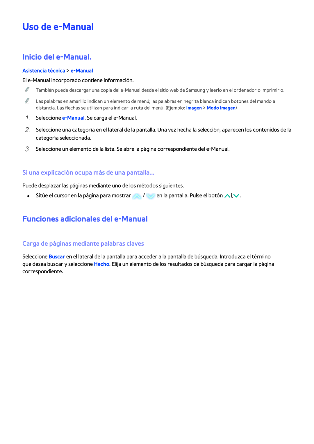 Samsung UE60H6203AWXXH, UE58J5270SSXZG manual Uso de e-Manual, Inicio del e-Manual, Funciones adicionales del e-Manual 