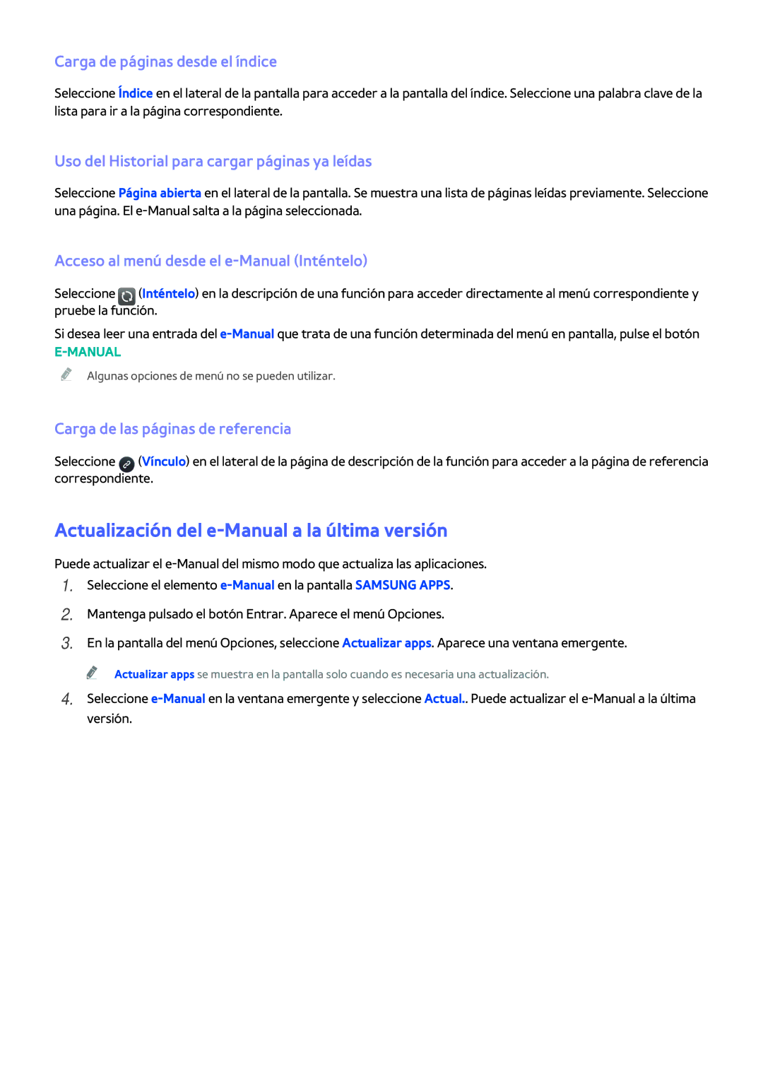 Samsung UE40H5203AWXXC, UE58J5270SSXZG Actualización del e-Manual a la última versión, Carga de páginas desde el índice 