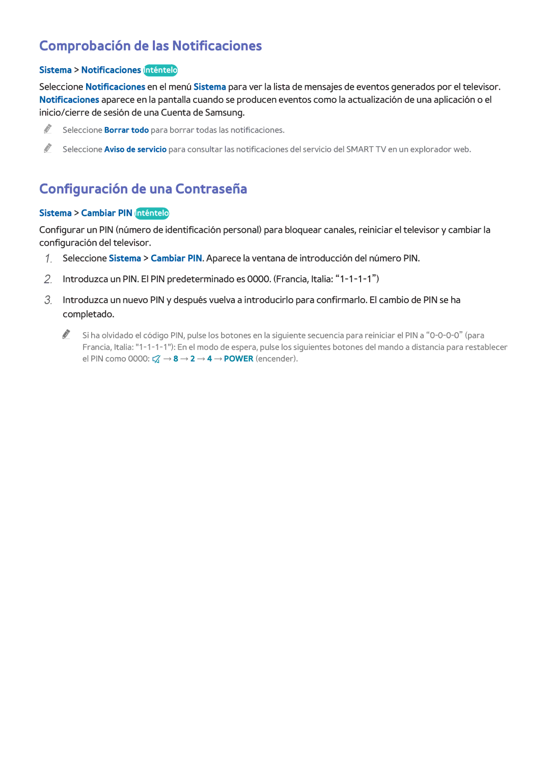 Samsung UE48H5203AWXXC Comprobación de las Notificaciones, Configuración de una Contraseña, Sistema Cambiar PIN Inténtelo 