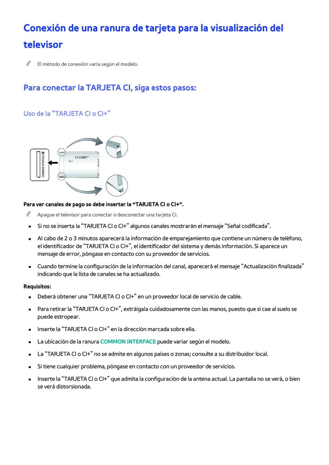 Samsung UA46H6203AKXKE, UE58J5270SSXZG manual Para conectar la Tarjeta CI, siga estos pasos, Uso de la Tarjeta CI o CI+ 