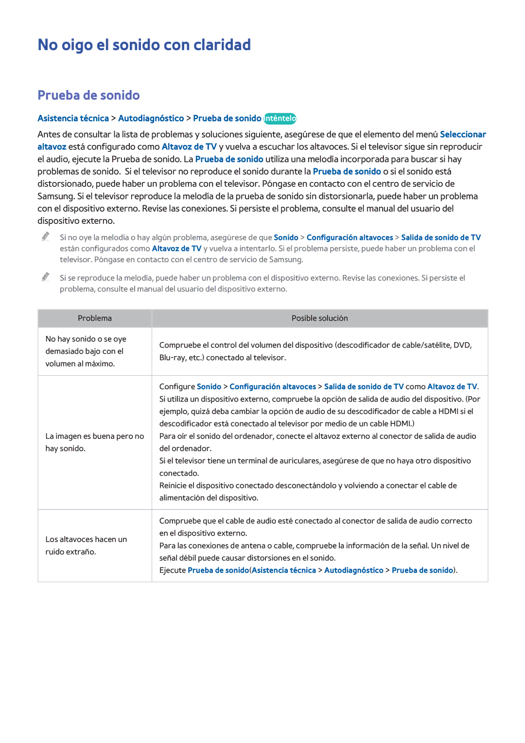 Samsung UE40H5203AWXXC, UE58J5270SSXZG, UE60H6203AWXXC, UE60H6203AWXXH manual No oigo el sonido con claridad, Prueba de sonido 