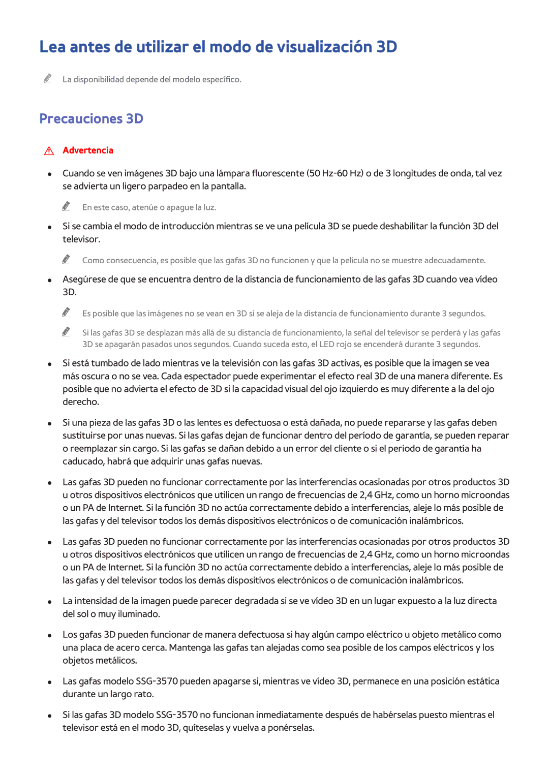 Samsung UE48H4203AWXXC, UE58J5270SSXZG, UE60H6203AWXXC Lea antes de utilizar el modo de visualización 3D, Precauciones 3D 