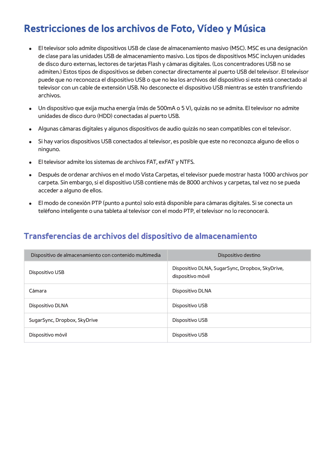 Samsung UE40H4203AWXXH, UE58J5270SSXZG, UE60H6203AWXXC, UE60H6203AWXXH Restricciones de los archivos de Foto, Vídeo y Música 