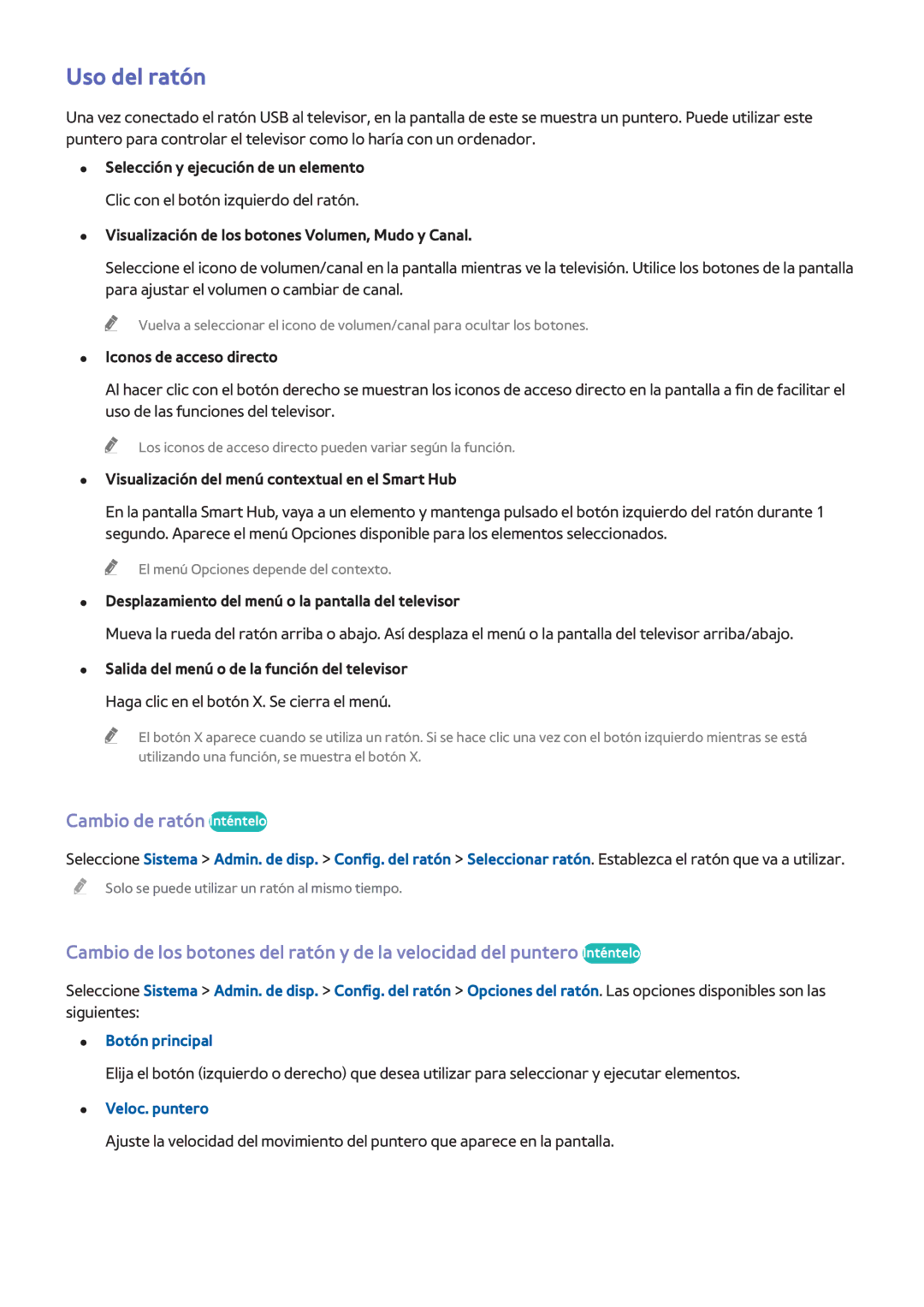 Samsung UA46H6203AKXKE, UE58J5270SSXZG, UE60H6203AWXXC manual Uso del ratón, Cambio de ratón Inténtelo, Veloc. puntero 