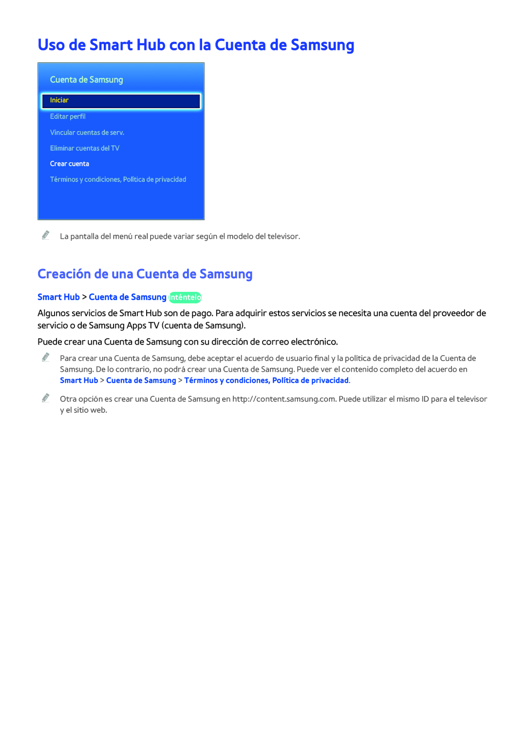 Samsung UE48H5203AWXXC, UE58J5270SSXZG manual Uso de Smart Hub con la Cuenta de Samsung, Creación de una Cuenta de Samsung 