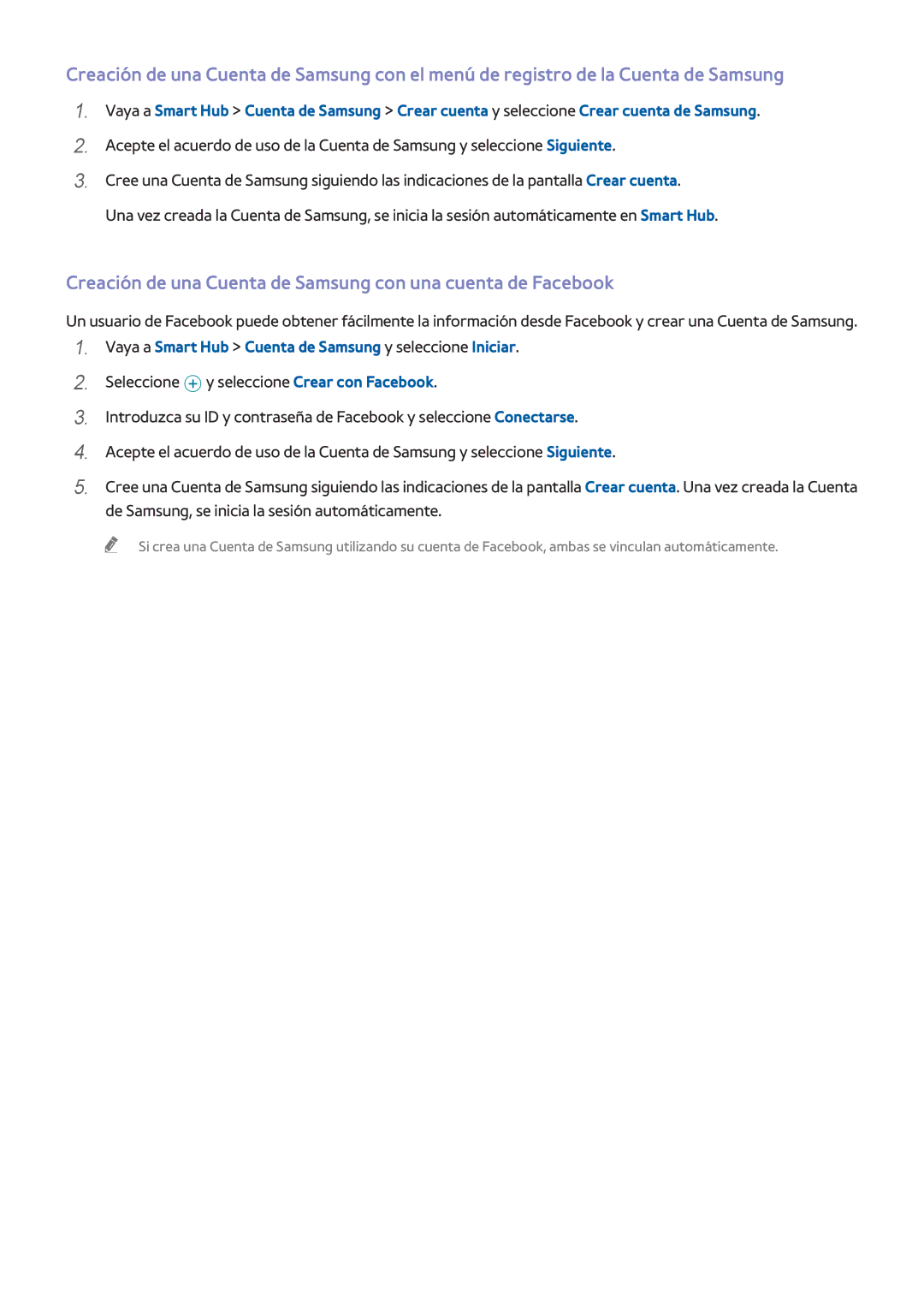 Samsung UE48H4203AWXXC, UE58J5270SSXZG, UE60H6203AWXXC manual Creación de una Cuenta de Samsung con una cuenta de Facebook 