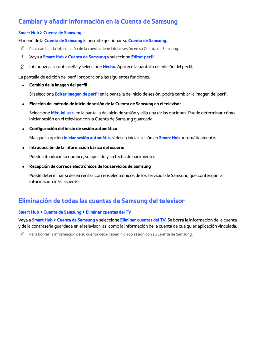 Samsung UA46H6203AKXKE, UE58J5270SSXZG Cambiar y añadir información en la Cuenta de Samsung, Smart Hub Cuenta de Samsung 