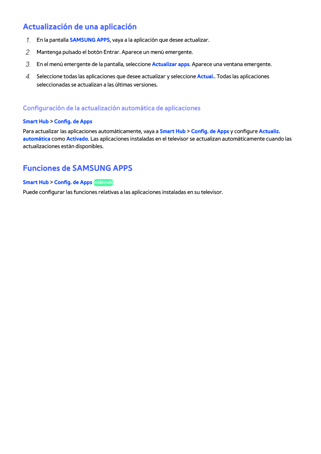 Samsung UE60H6203AWXXH manual Actualización de una aplicación, Funciones de Samsung Apps, Smart Hub Config. de Apps 